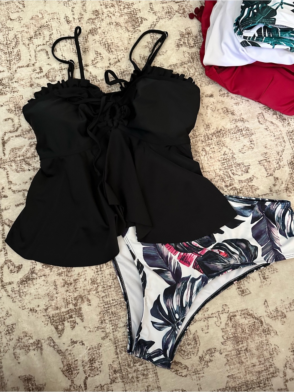 Black Ruffle Tankini Top with Tropical Print Bikini Bottom